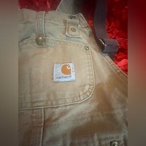 VINTAGE Carhartt Overalls Tan Duck Canva Bib Double Knee Size M Youth 10/12